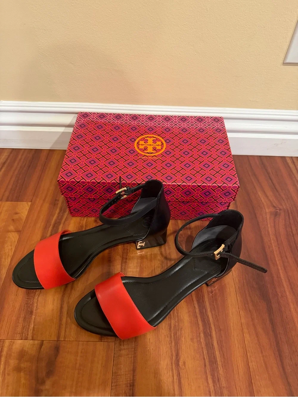 Tory Burch Black & Red Ankle-Strap Block Heel Sandals